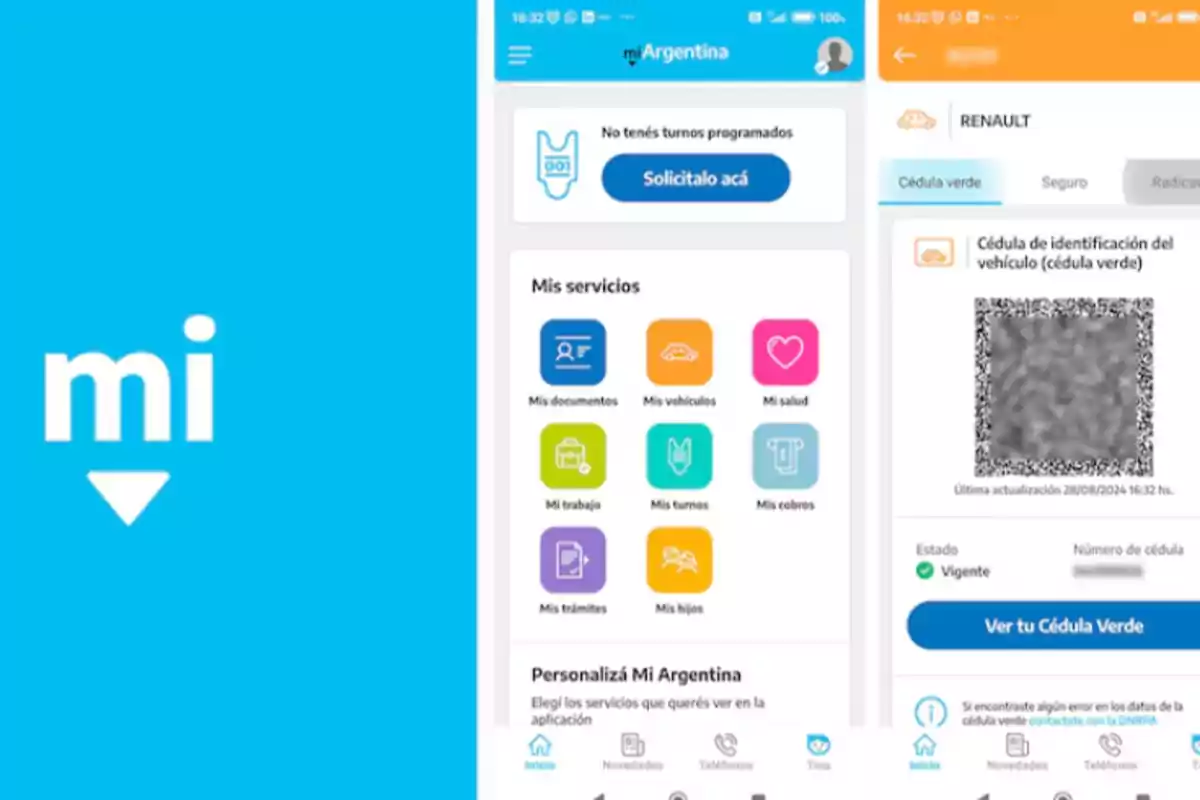 Captura de pantalla de la aplicación Mi Argentina mostrando servicios como documentos, vehículos y salud, junto con una cédula de identificación vehicular.
