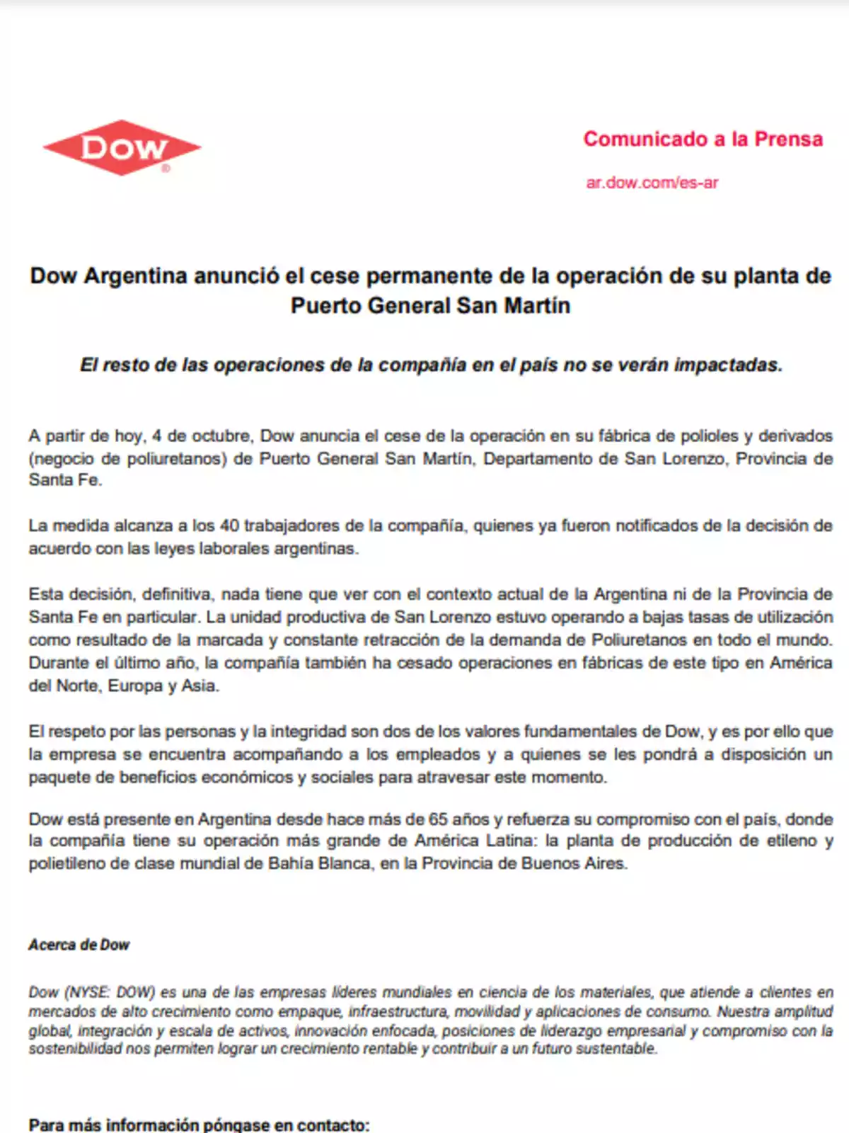 Comunicado de prensa de Dow Argentina anunciando el cierre permanente de su planta en Puerto General San Martín, aclarando que el resto de las operaciones en el país no se verán afectadas.