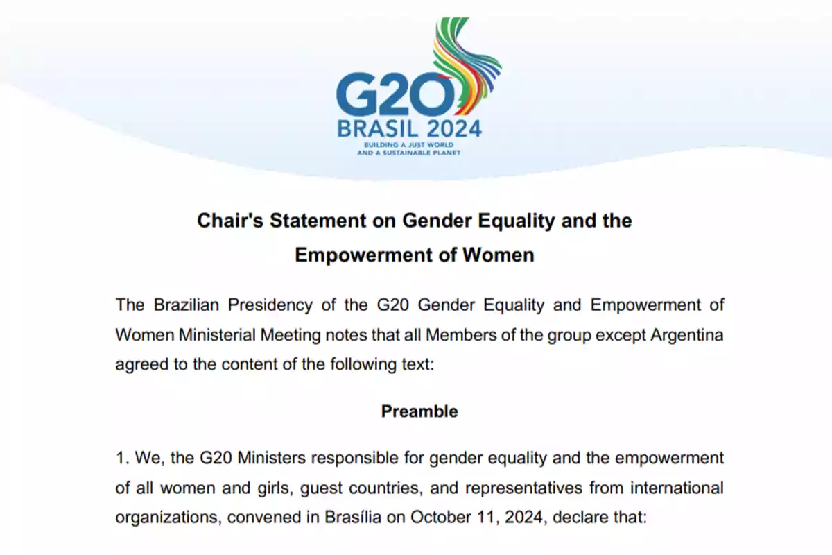 Declaración del presidente sobre igualdad de género y empoderamiento de las mujeres en la reunión ministerial del G20 en Brasilia, octubre de 2024.