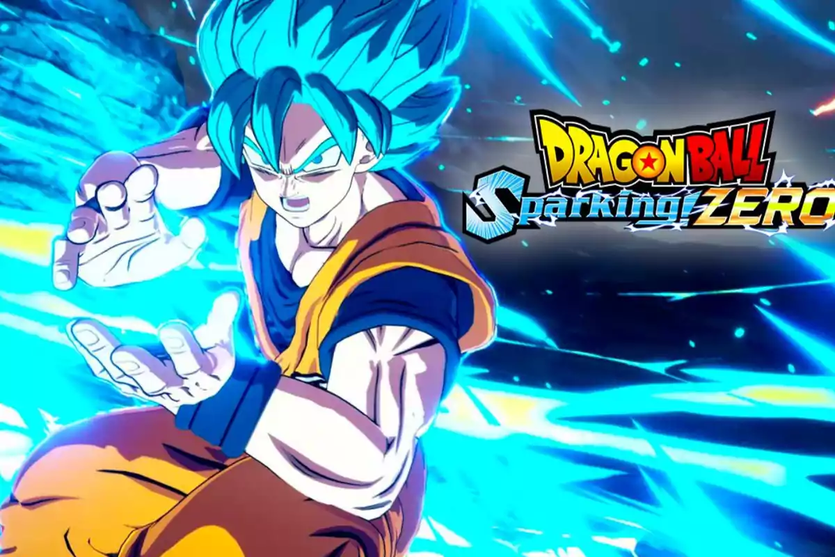 Personaje de anime con cabello azul y aura brillante en pose de ataque junto al logo de Dragon Ball Sparking Zero.