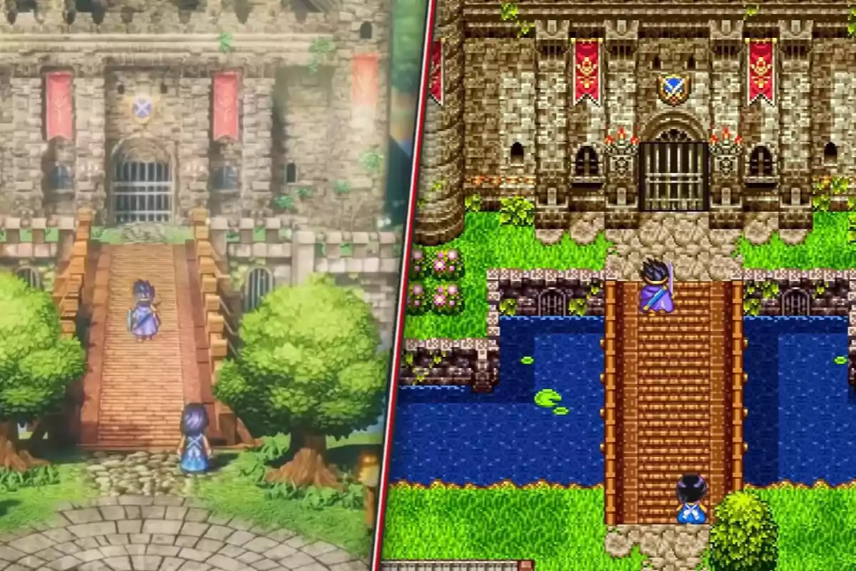 Dos imágenes comparativas de un videojuego muestran un castillo con un puente de madera y personajes en estilo gráfico diferente, uno más moderno y otro retro.