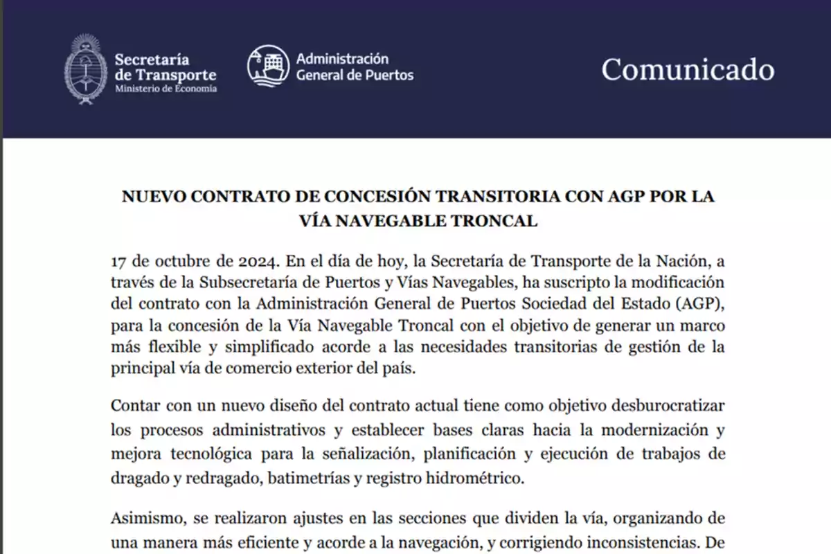 Comunicado de la Secretaría de Transporte sobre un nuevo contrato de concesión transitoria con la Administración General de Puertos para la Vía Navegable Troncal, destacando la simplificación y modernización de procesos administrativos y tecnológicos.