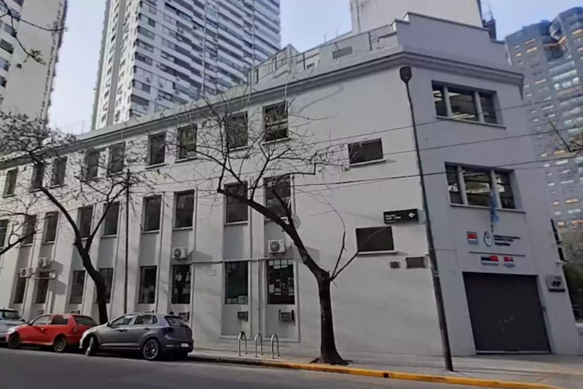 Edificio blanco de varios pisos con ventanas grandes y árboles en la acera, rodeado de coches estacionados en una calle urbana.