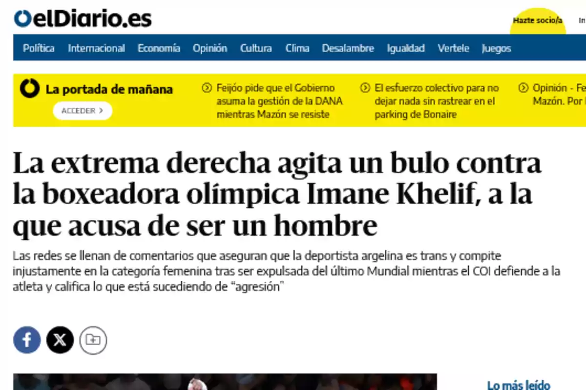 Portada de elDiario.es con un titular sobre un bulo contra la boxeadora olímpica Imane Khelif.