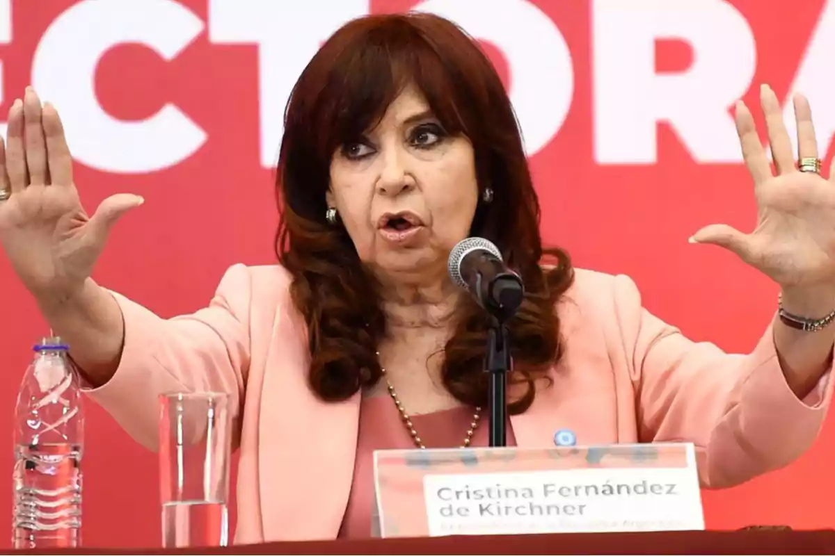 Una mujer con cabello oscuro y chaqueta clara gesticula con las manos levantadas frente a un micrófono y un fondo rojo.