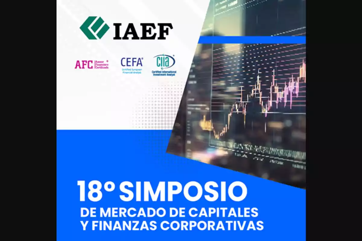 Imagen promocional del 18º Simposio de Mercado de Capitales y Finanzas Corporativas, con logotipos de IAEF, AFC, CEFA y CIIA, y un gráfico financiero.