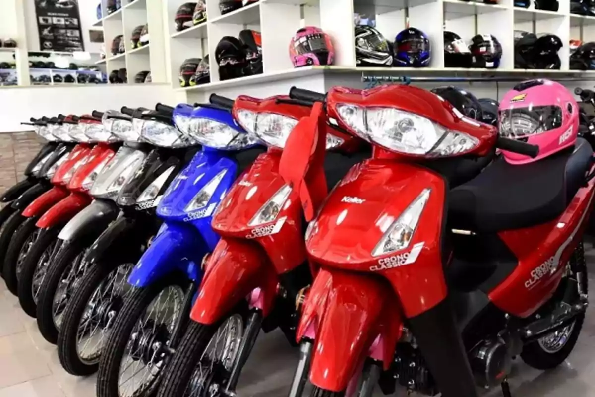 Una fila de motocicletas de colores rojo, azul y gris en exhibición en una tienda con cascos en estantes al fondo.