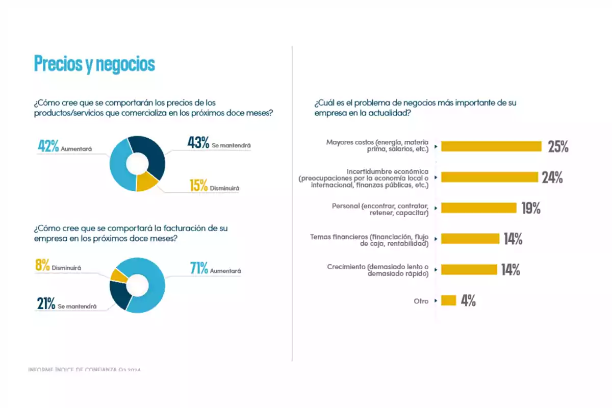 Gráfico que muestra las expectativas sobre precios y facturación de empresas en los próximos doce meses, con un 42% esperando que los precios aumenten y un 71% que la facturación aumente; los principales problemas de negocio incluyen mayores costos e incertidumbre económica.