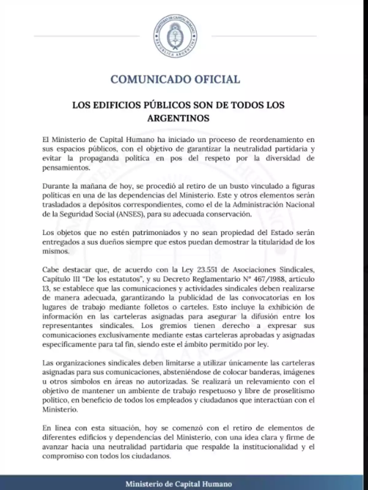 Imagen de un comunicado oficial del Ministerio de Capital Humano de Argentina, titulado 