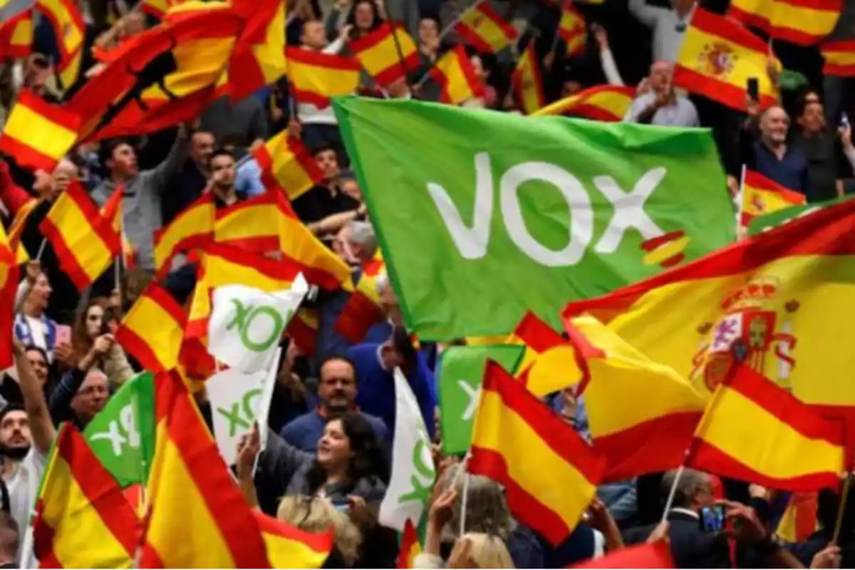 Personas ondeando banderas de España y banderas verdes con el logo de un partido político en un evento.