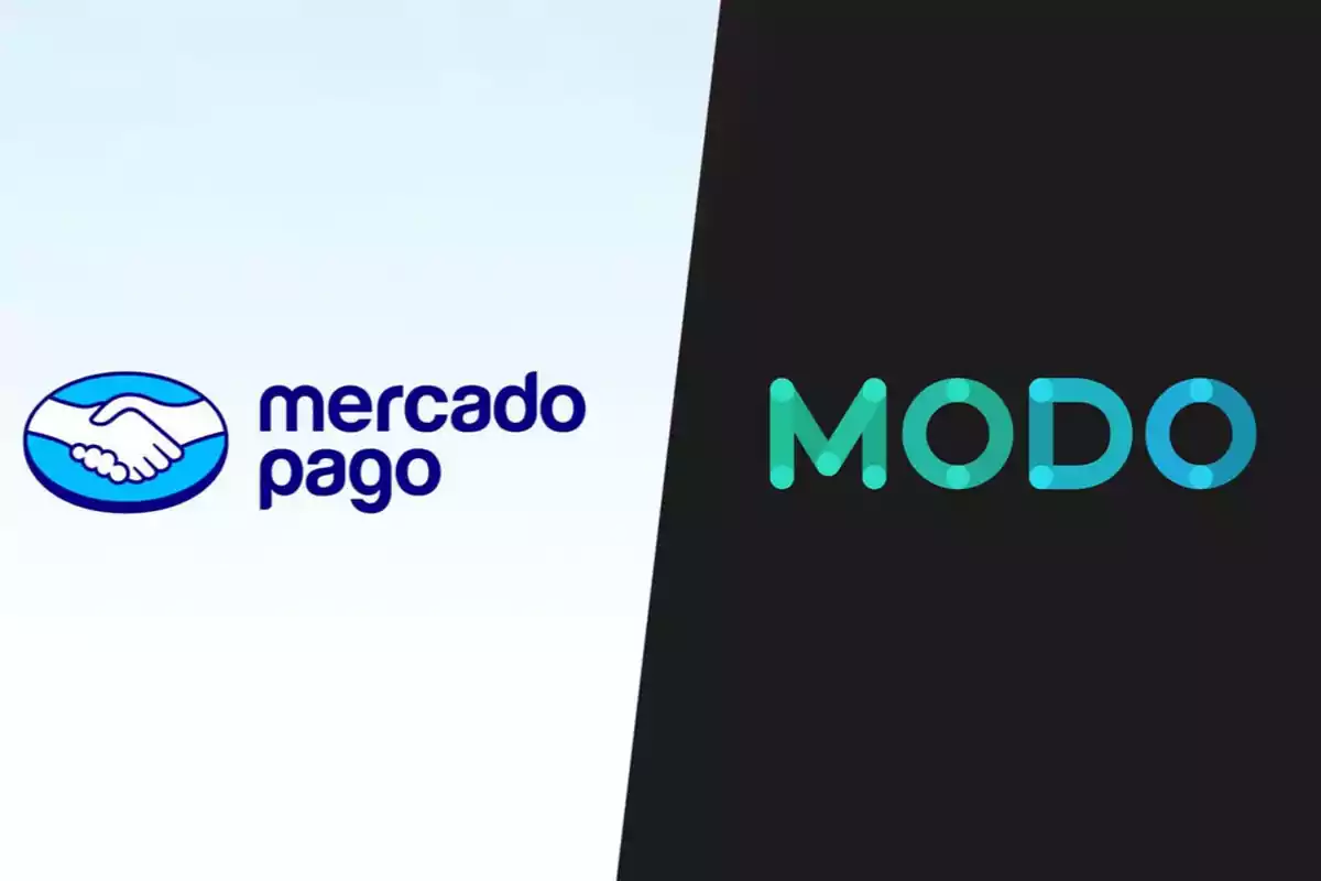 Logos de Mercado Pago y MODO en un fondo dividido.