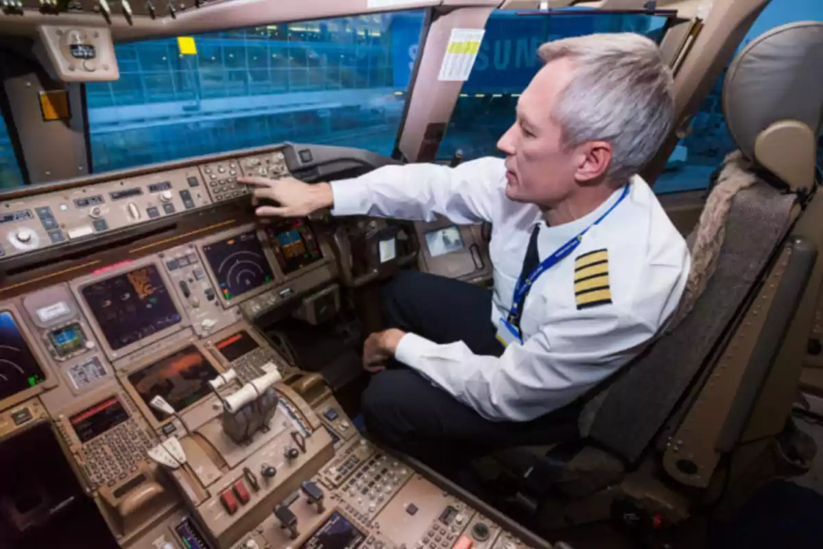 Un piloto en la cabina de un avión ajustando los controles del panel de instrumentos.