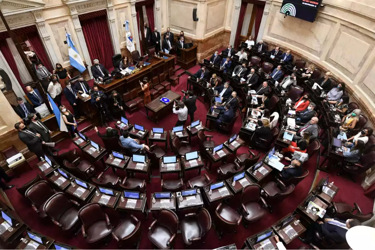 Vista aérea de una sesión en el Senado de Argentina con senadores sentados en sus escaños y personal presente en el recinto.