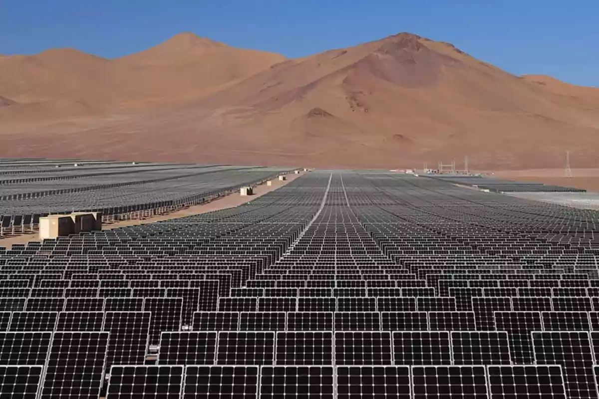 Gran campo de paneles solares en un desierto con montañas al fondo bajo un cielo despejado.