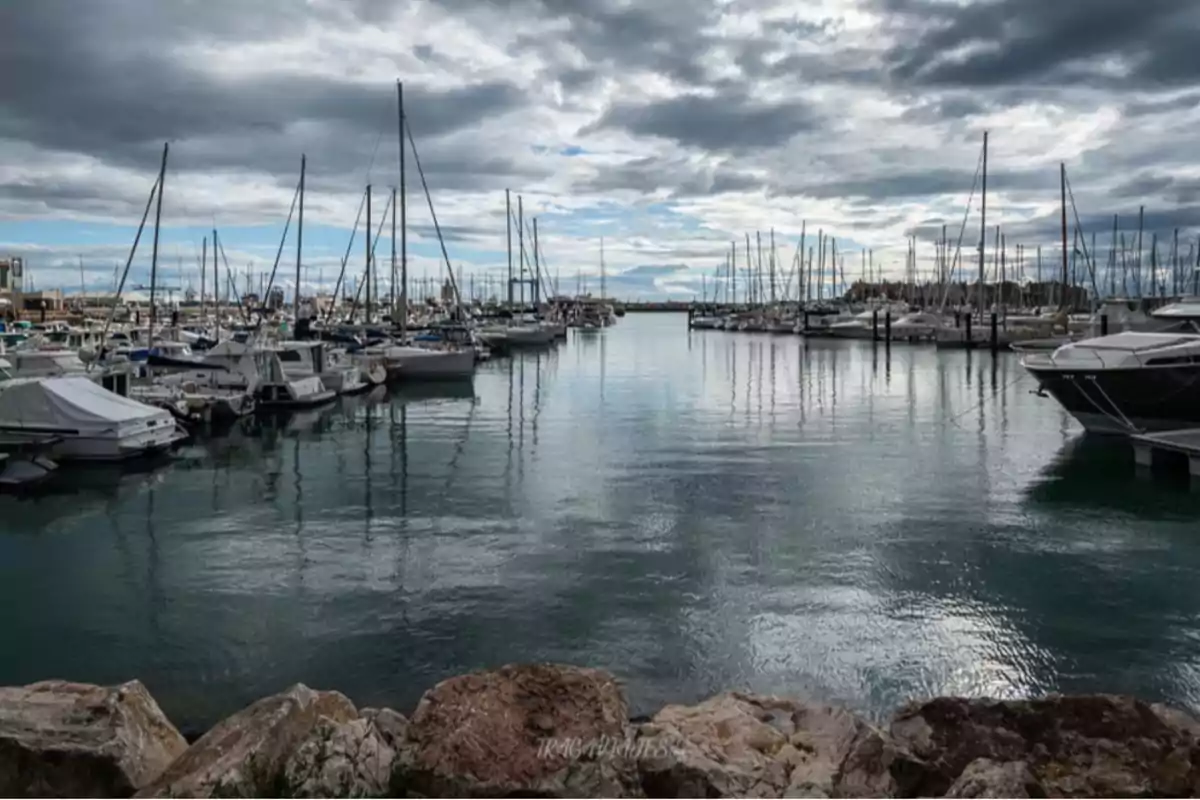 Un puerto deportivo con numerosos barcos amarrados bajo un cielo nublado.