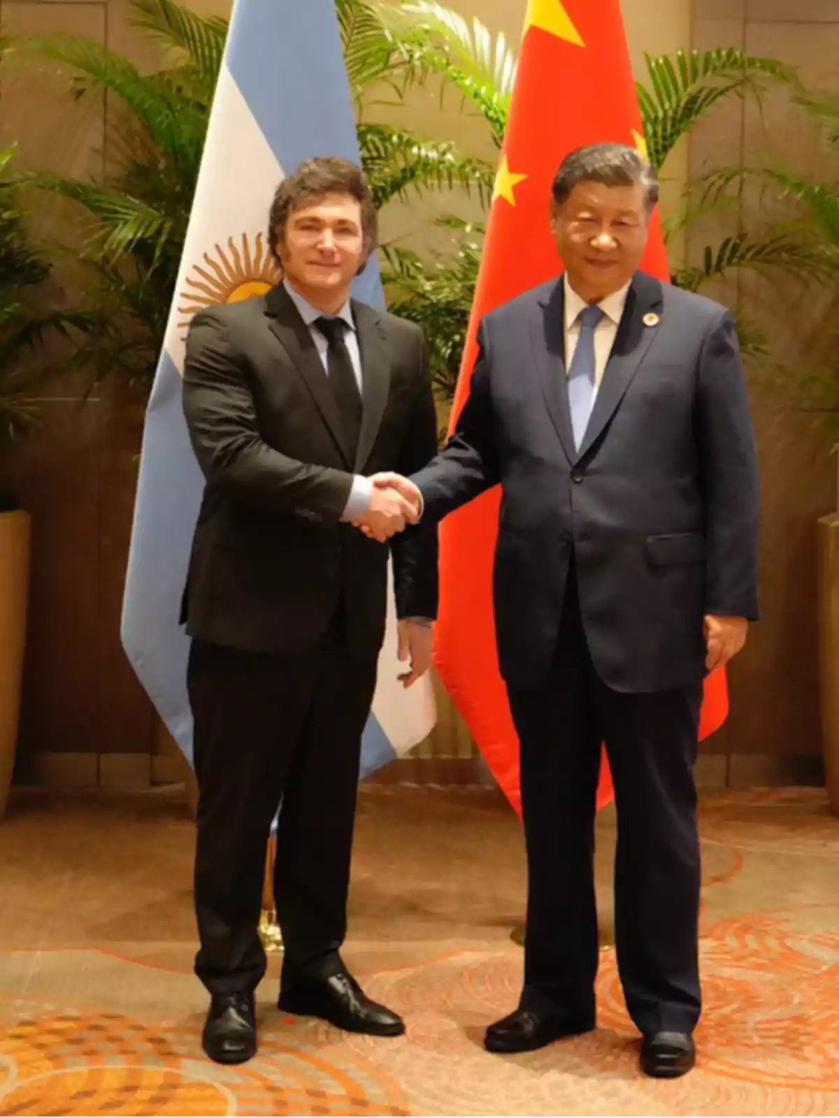 Dos personas de traje se dan la mano frente a las banderas de Argentina y China, con plantas decorativas al fondo.