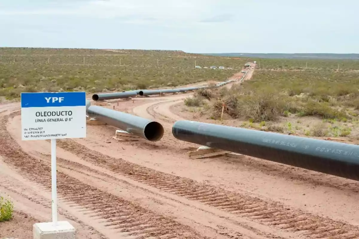 Imagen de un oleoducto en construcción en un paisaje árido con un cartel de YPF indicando la línea general de 8 pulgadas.