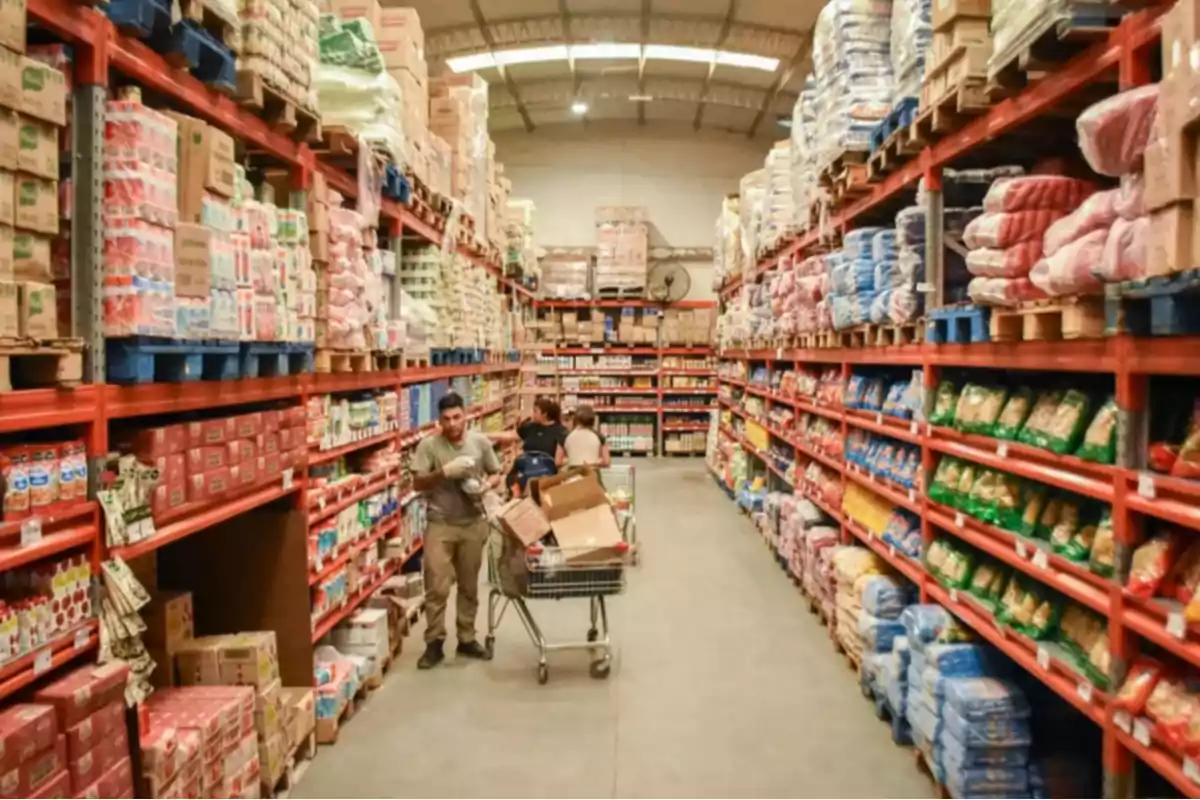 Pasillo de un almacén mayorista con estantes llenos de productos y personas empujando carritos de compras.