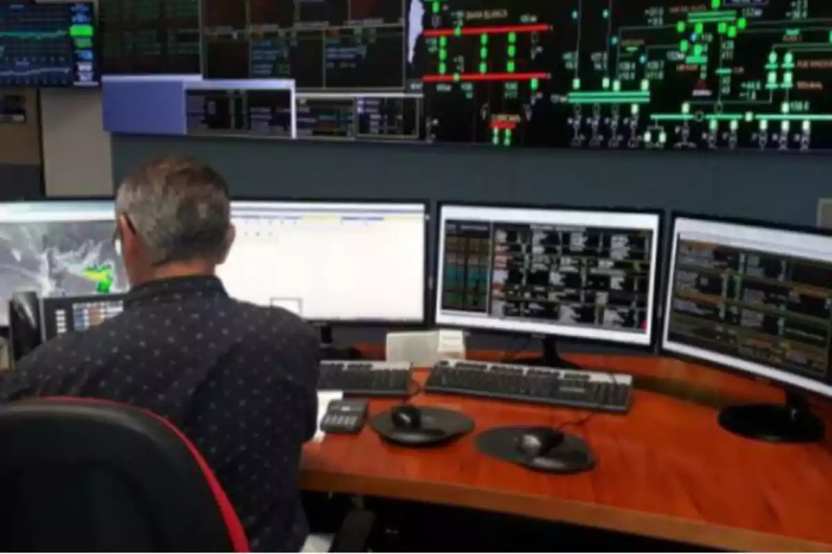 Un hombre trabajando en una sala de control con múltiples pantallas de computadora mostrando gráficos y datos técnicos.