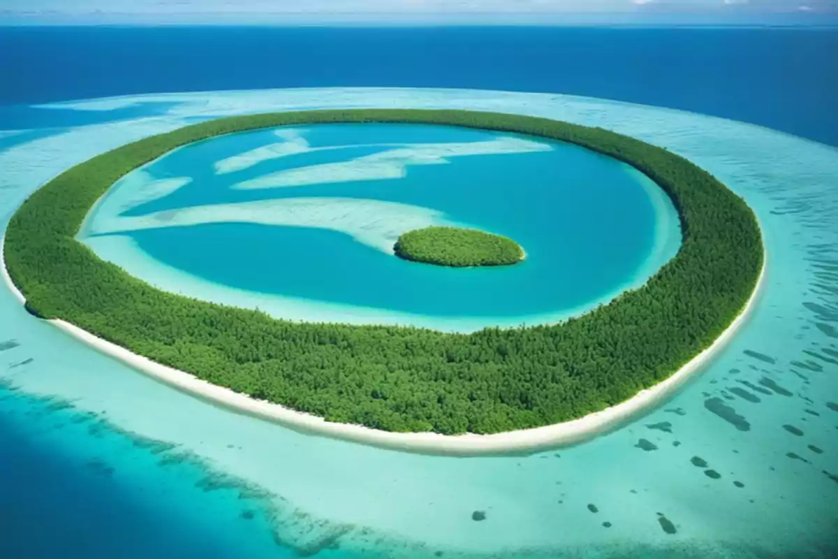 Una isla circular con vegetación densa rodeada de aguas turquesas en el océano.