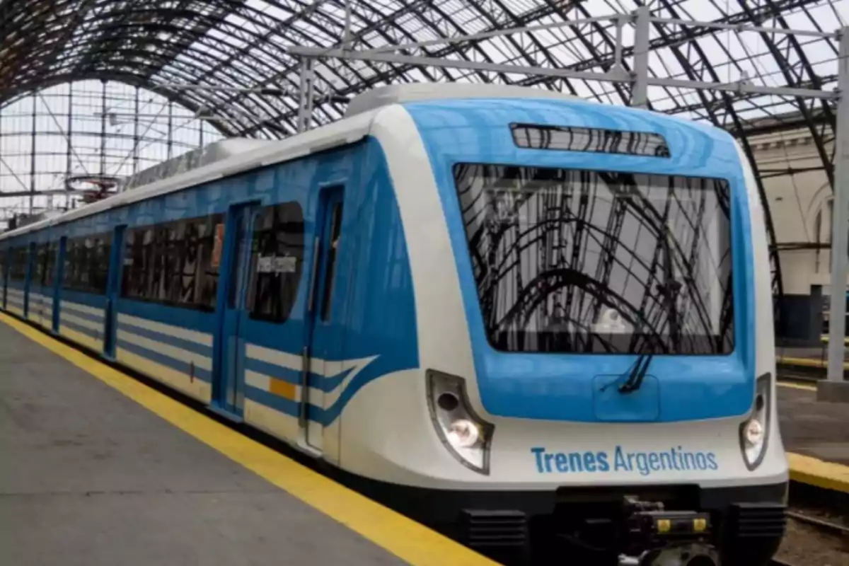 Un tren azul y blanco de Trenes Argentinos en una estación cubierta con estructura de metal y vidrio.