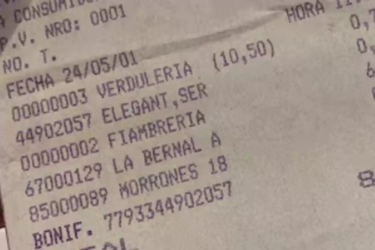 Un recibo de compra de una verdulería con fecha 24/05/01 que incluye productos como "Elegant, Ser" y "Fiambriería" con un total de 10,50.