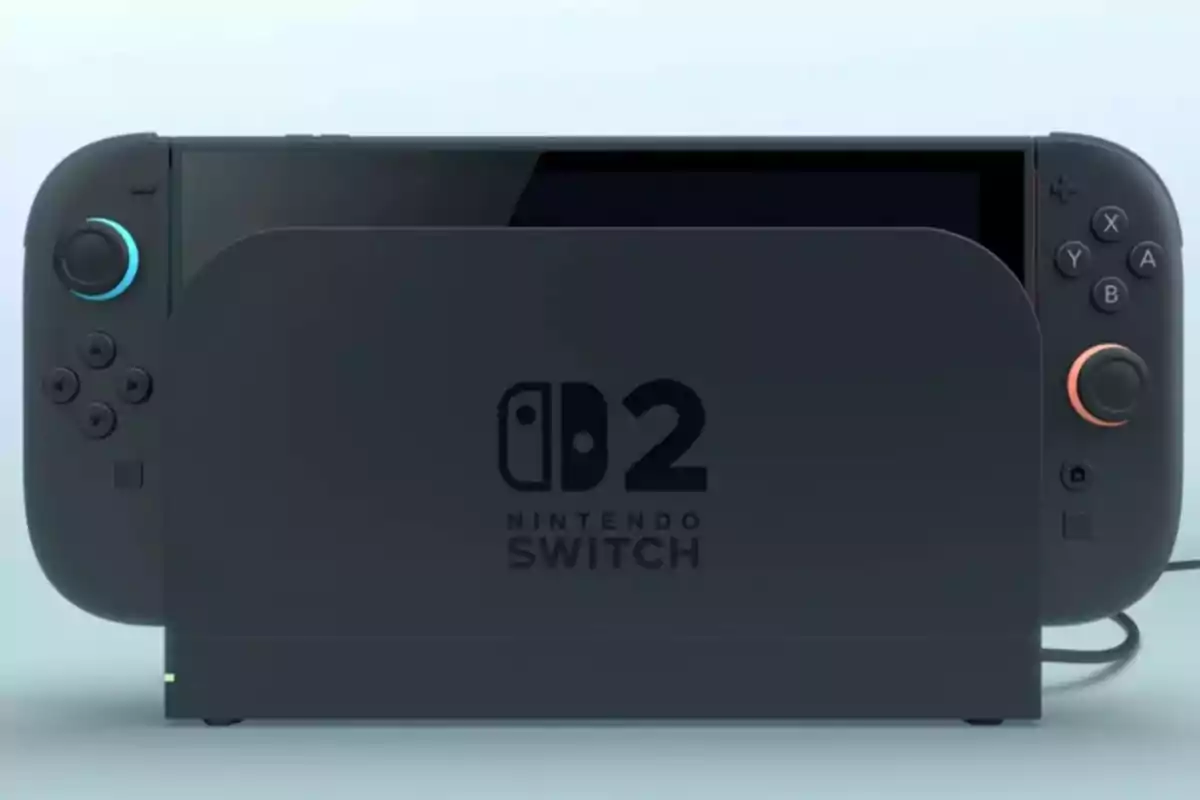 Una consola de videojuegos con controles acoplados y un logotipo que dice "Nintendo Switch 2".