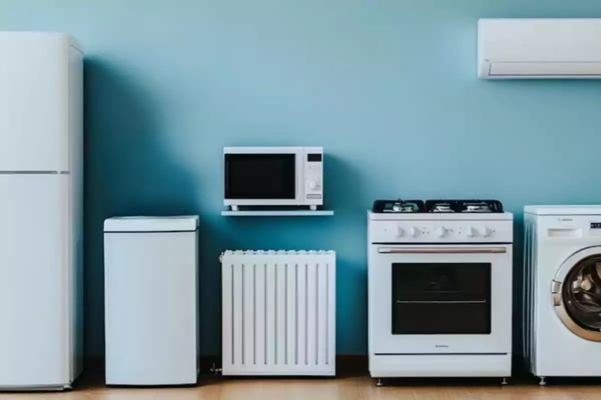 Electrodomésticos de cocina alineados contra una pared azul.