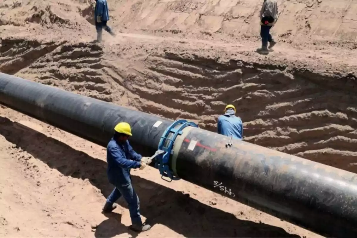 Trabajadores con cascos amarillos instalan una tubería grande en una zanja de tierra.