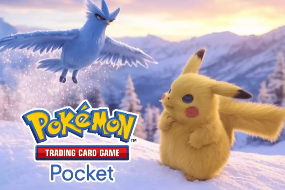 Una escena invernal con dos personajes de Pokémon, uno volando y otro en la nieve, con el logo de Pokémon Trading Card Game Pocket.