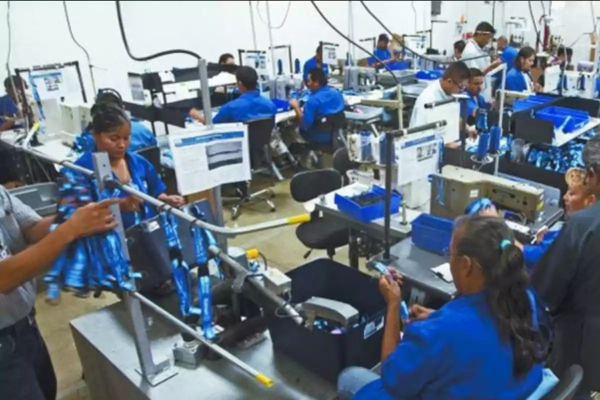 Personas trabajando en una línea de producción en una fábrica, usando uniformes azules y operando maquinaria.