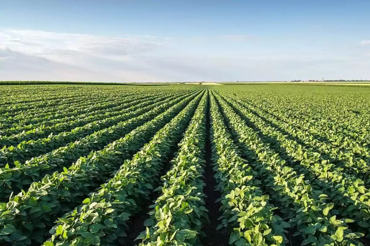 Campo de cultivo con hileras de plantas verdes bajo un cielo despejado.