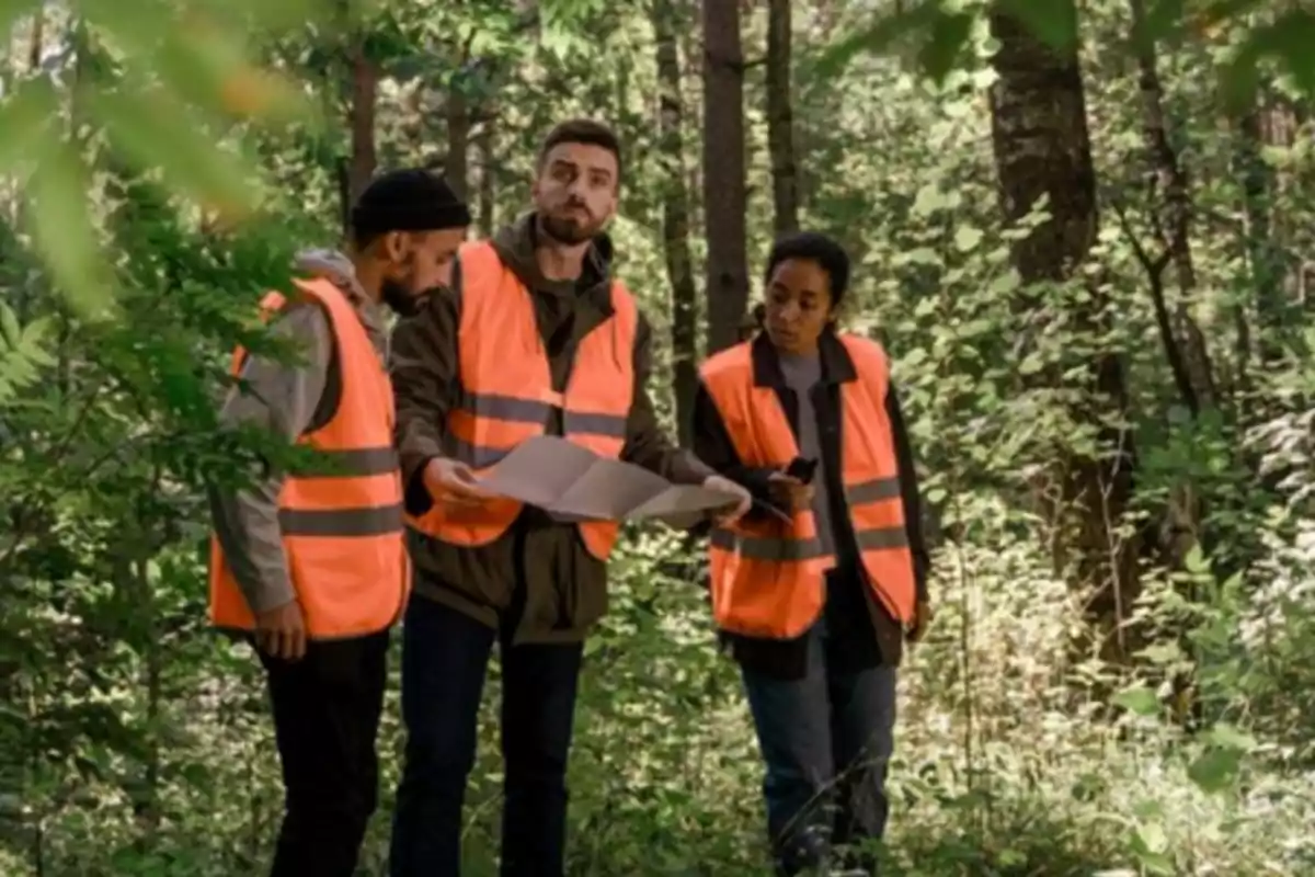 Tres personas con chalecos reflectantes naranjas observan un mapa en un bosque.