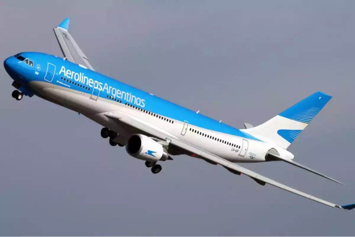 Un avión de Aerolíneas Argentinas en pleno vuelo con el cielo de fondo.