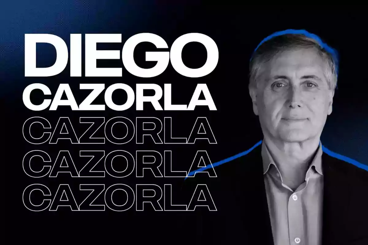 Gray-haired man in a dark suit and light jersey next to repeated text "CAZORLA" on a dark background.