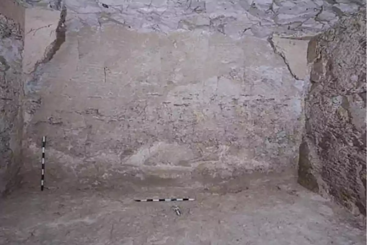 Una pared de piedra con marcas de medición en un entorno posiblemente arqueológico.