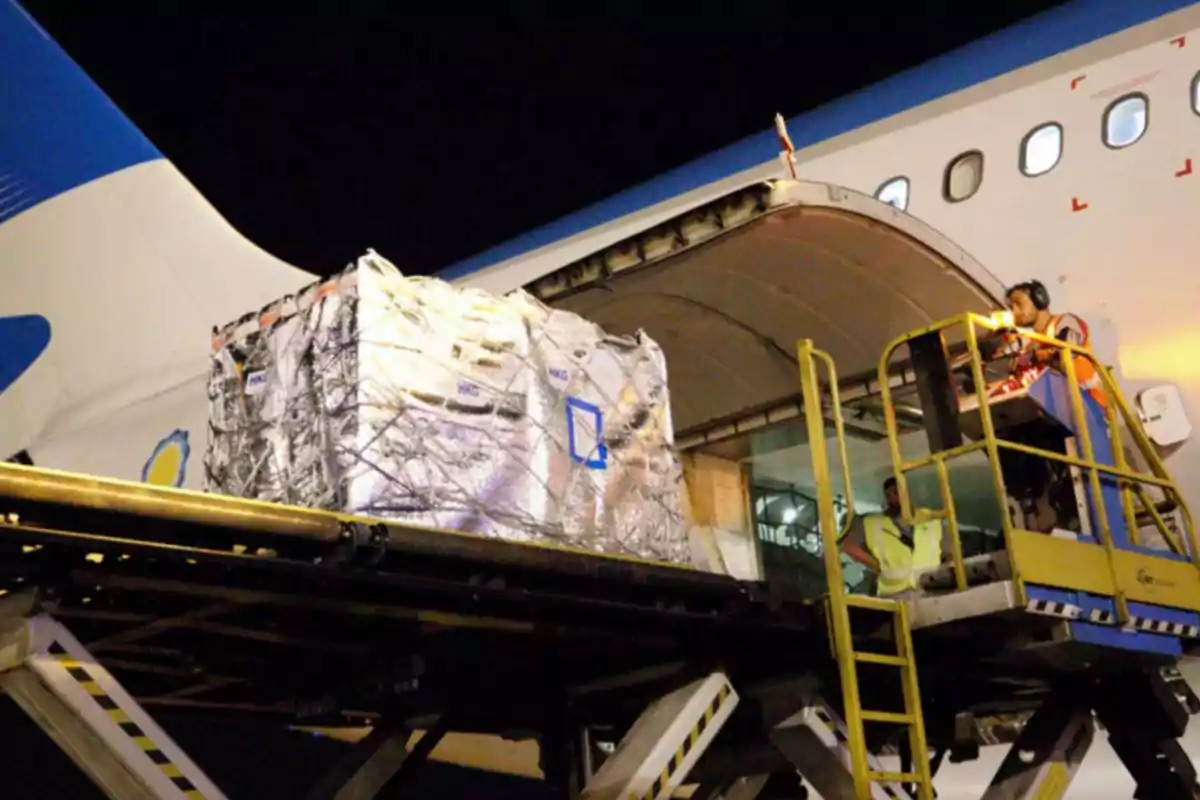 A cargo plane being loaded with goods at night.