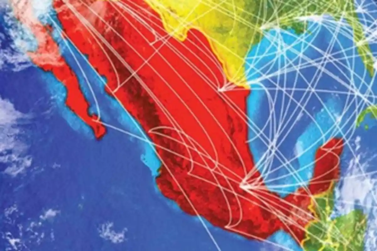 Mapa de México con áreas en rojo y amarillo, mostrando líneas blancas que representan rutas o conexiones sobre el país y el océano circundante.