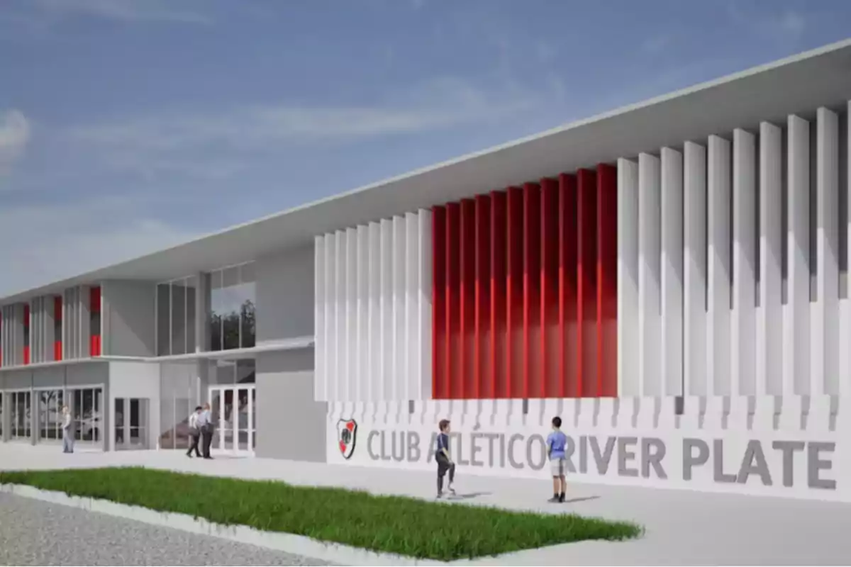 Modern building with white and red facade of Club Atlético River Plate, with people walking at the entrance.