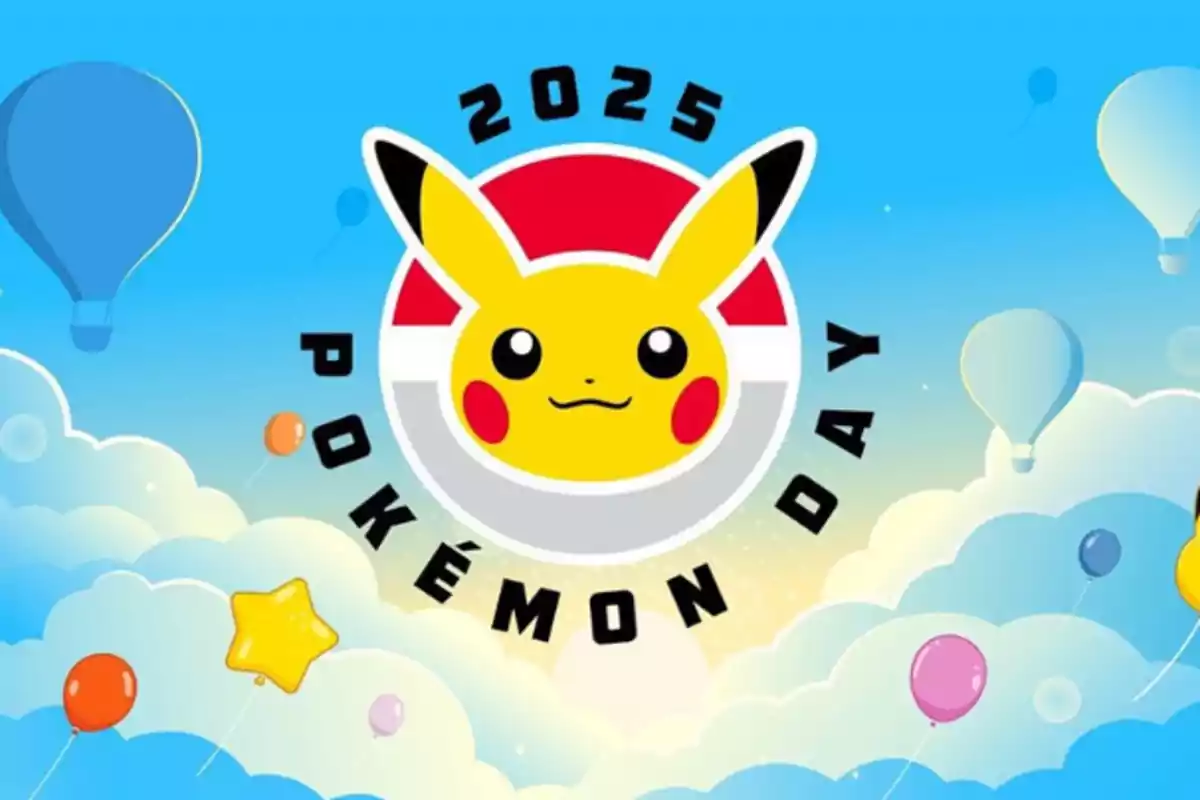 Imagen de un emblema de Pikachu con el texto "2025 Pokémon Day" rodeado de globos y nubes en un cielo azul.