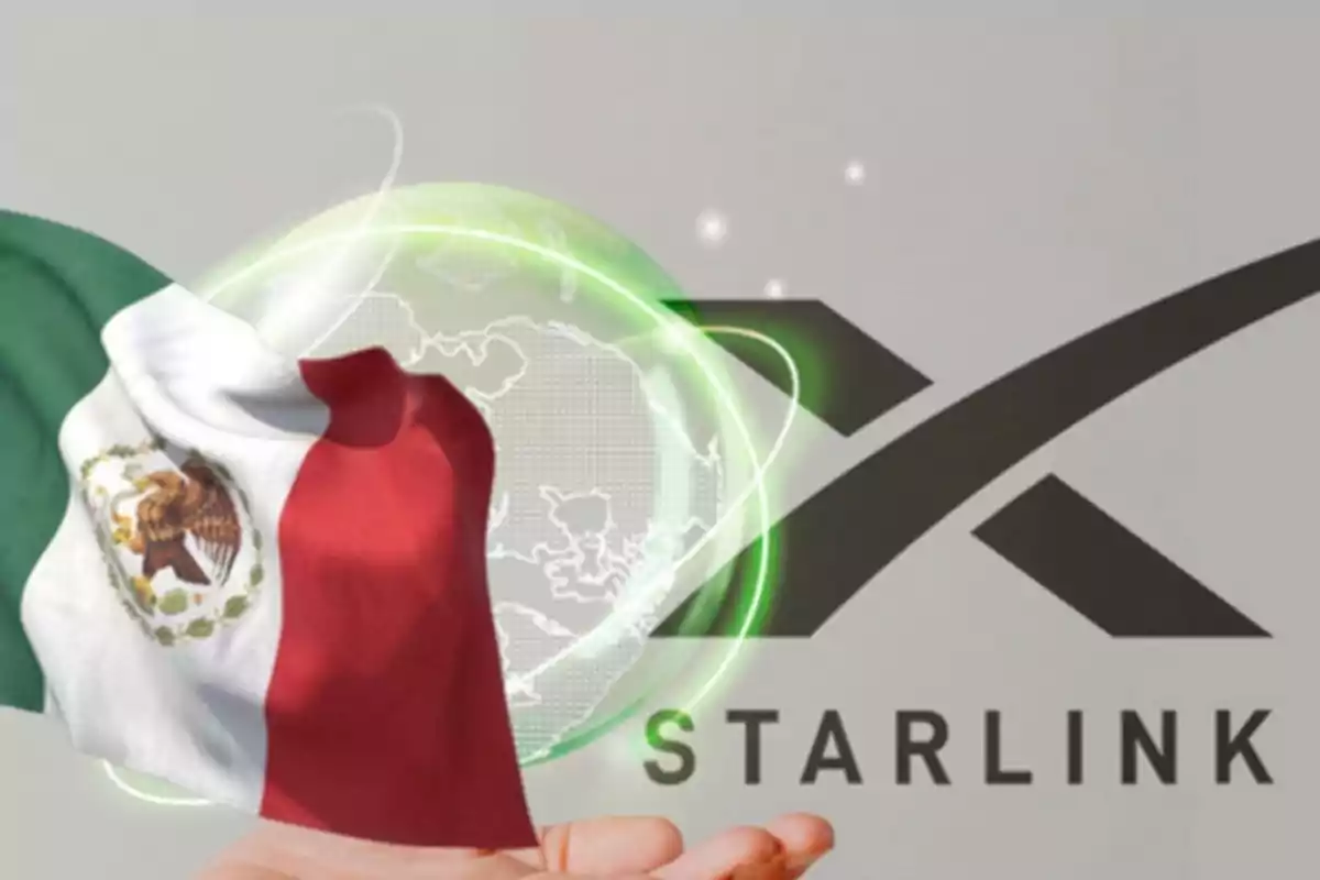 Una mano sostiene una bandera de México frente al logotipo de Starlink con un diseño de globo terráqueo iluminado en el fondo.