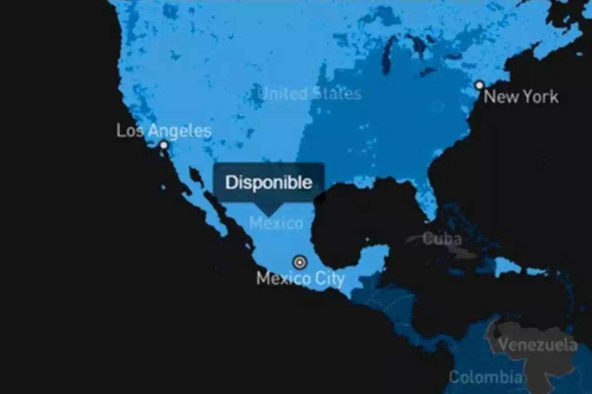 Mapa que muestra disponibilidad de un servicio en América del Norte y parte de América Central, destacando México con un marcador que dice 