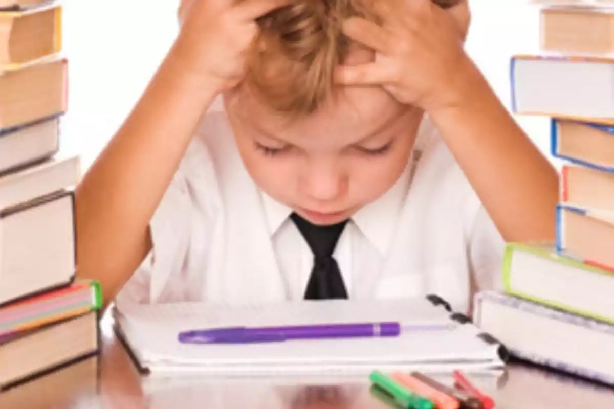 Niño con expresión de concentración o frustración rodeado de libros mientras estudia.