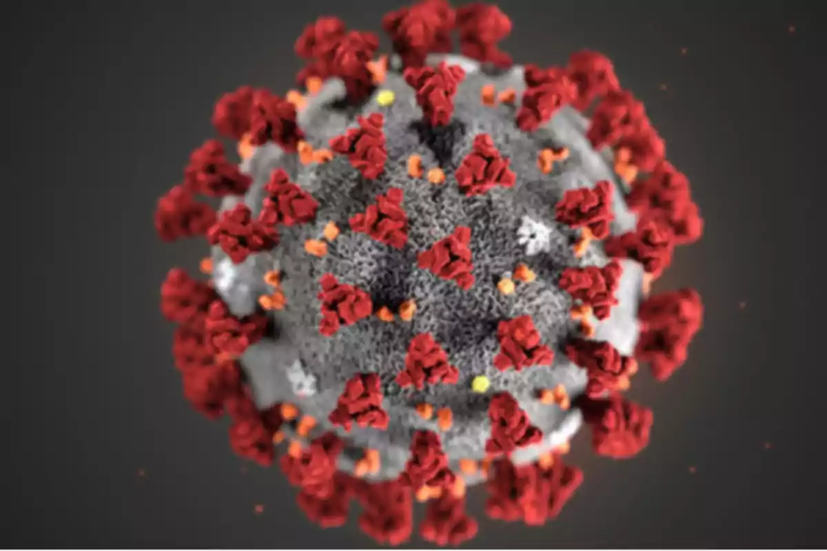 Graphical representation of a virus with red spikes on a gray surface.