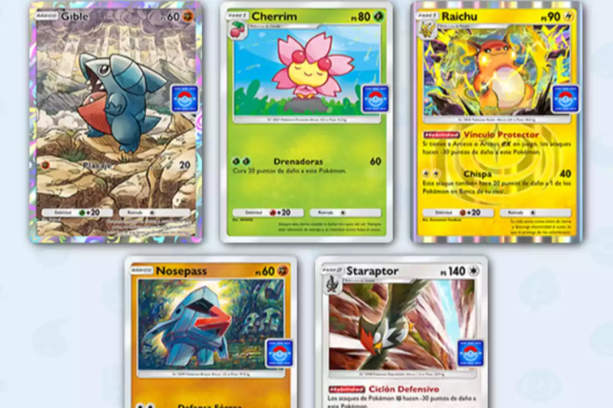 Five Pokémon cards featuring illustrations of Gible, Cherrim, Raichu, Nosepass, and Staraptor, each displaying details of abilities and hit points.