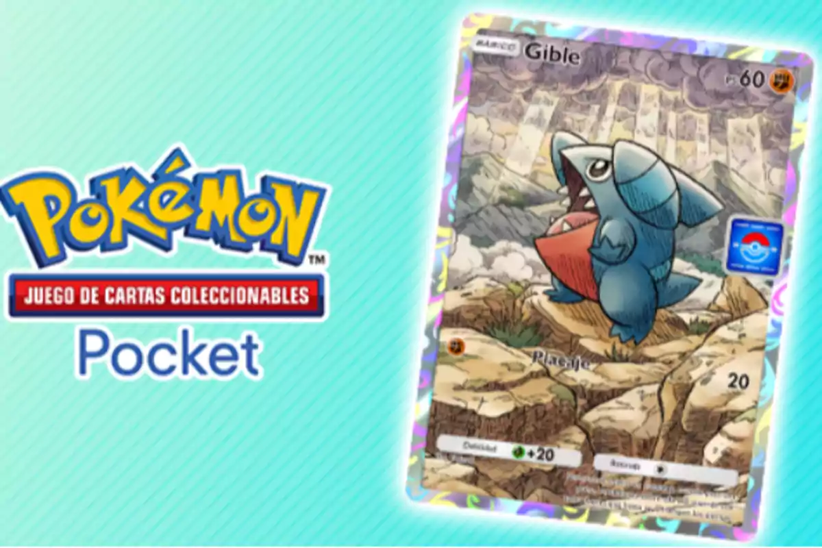 Tarjeta de Pokémon con la imagen de Gible sobre un fondo de montañas y el logo de Pokémon Juego de Cartas Coleccionables Pocket.