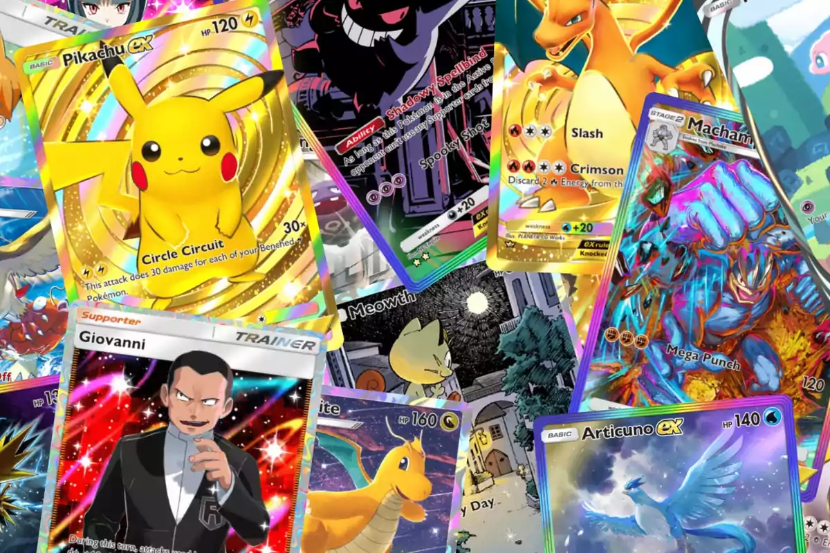 Una colección de cartas de Pokémon con diseños coloridos y personajes icónicos como Pikachu, Charizard y Articuno, junto a una carta de entrenador de Giovanni.