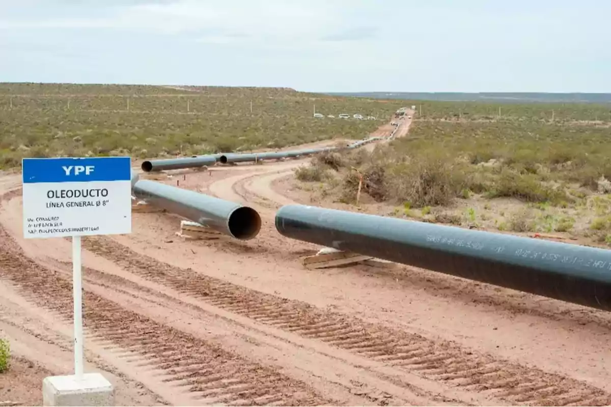 An image of a pipeline under construction in an arid landscape with a YPF sign indicating the general 8-inch line.