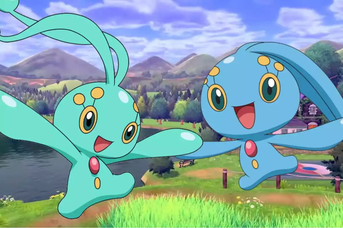 Two blue animated characters with big eyes and wide smiles, with long appendages on their heads, are joyfully jumping in a countryside landscape with mountains and a lake in the background.