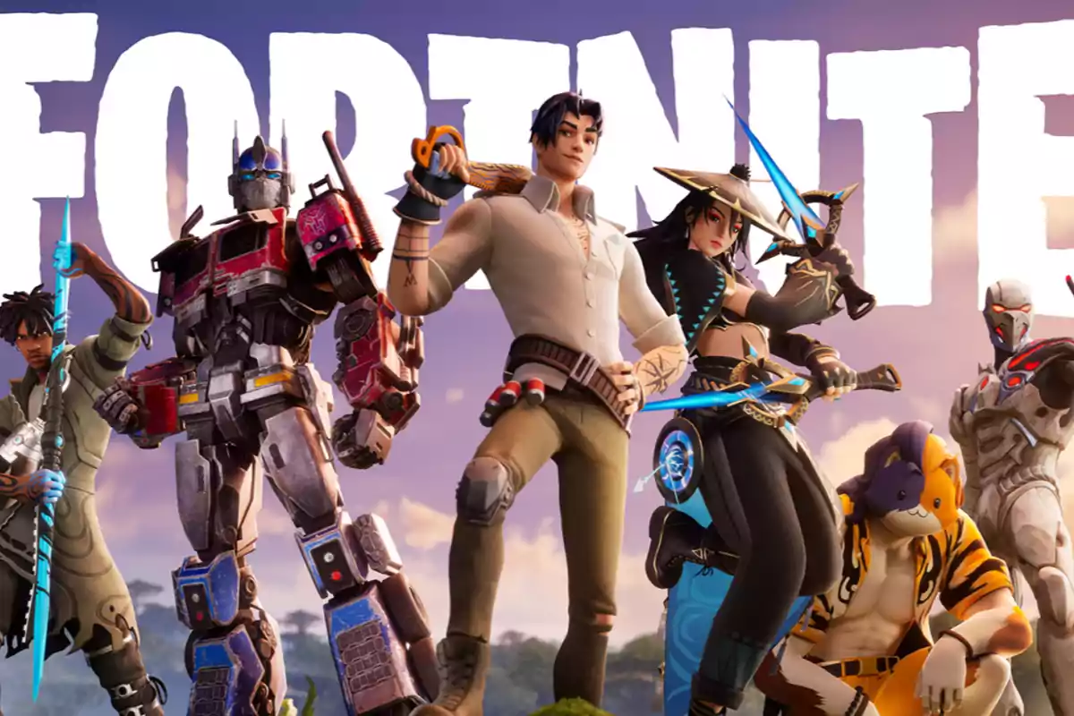 Fortnite characters posing together in front of the game logo.